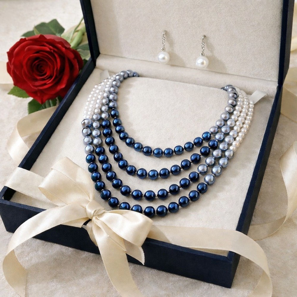 Jewelry Set Necklace‎ & Earrings Set Blue, Gray and White